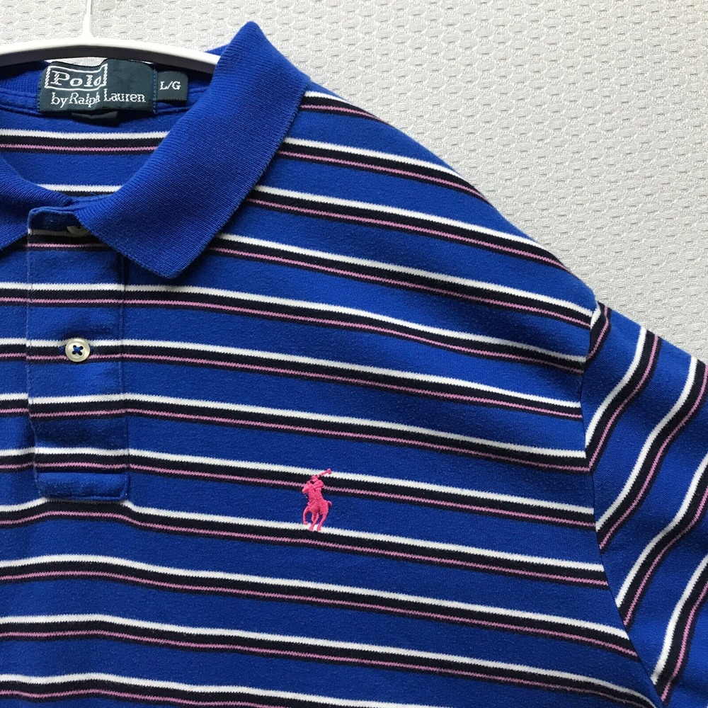 VTG Ralph Lauren Shirt Mens Large Blue Striped Short Sleeve Rugby Preppy Basic - Picture 2 of 7